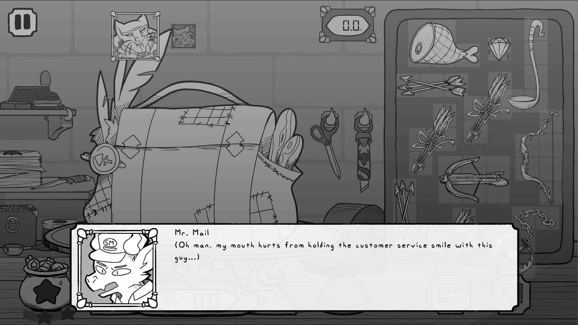 Dialogue. Mr.Mail: 'Oh man, my mouth hurts from holding the customer service smile with this guy...'